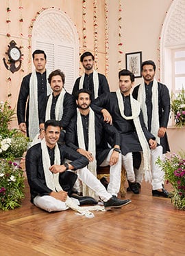 Black Silk Kurta Pyjama With Stole For Men Festive Wear