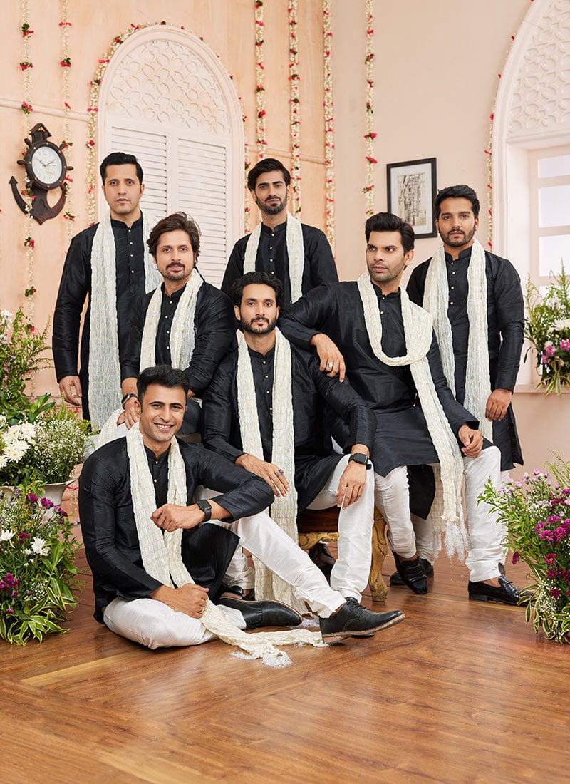 Black Silk Kurta Pyjama With Stole For Men Festive Wear