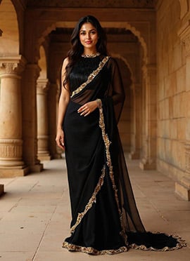 Black Georgette Sequins Hand Embroidered Saree