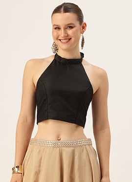 Black Taffeta Halter Neck Smocking Blouse