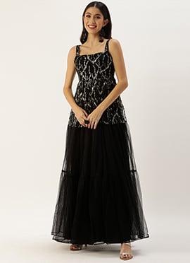Black Tiered Gathers Embroidered Gown