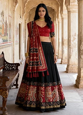 Black Tussar Silk Zari Patola Print Umbrella Lehenga Festive Wear