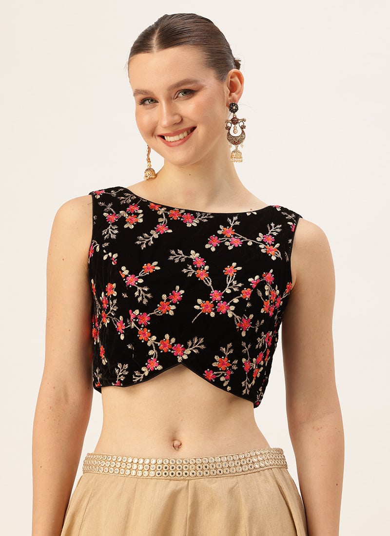 Black Velvet  Embroidered Boat Neck Blouse