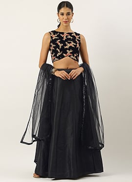 Teen Girls Black Velvet Embroidered Kali Style Lehenga Set