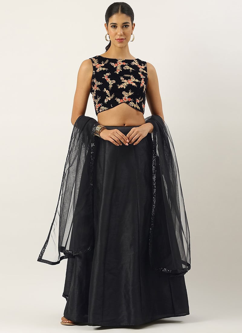 Black Velvet Embroidered Kali Style Lehenga Set Festive Wear
