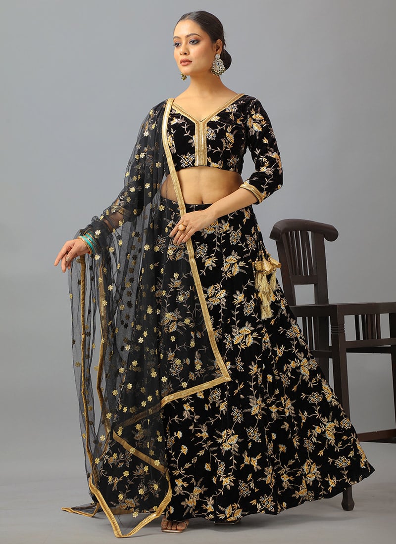 Black Velvet Embroidered Lehenga Set Wedding Wear