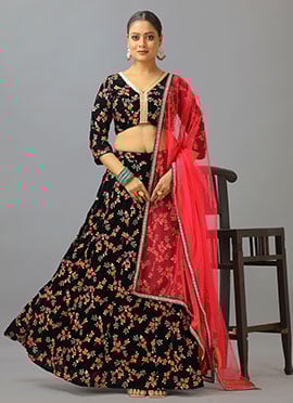 Black Velvet Embroidered Lehenga Set