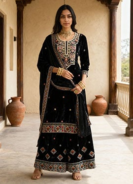 Black Velvet Palazzo Suit With Sequins Embroidery And Beads Work
