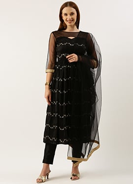 Black Viscose Embroidered Anarkali Suit