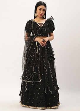 Black Viscose Embroidered Lehenga Set