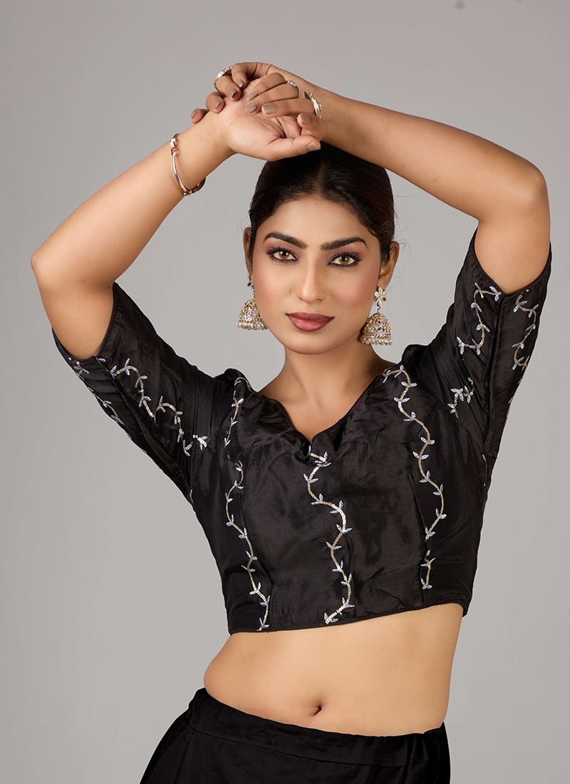 Black Viscose Embroidered V Neck Blouse Wedding Wear
