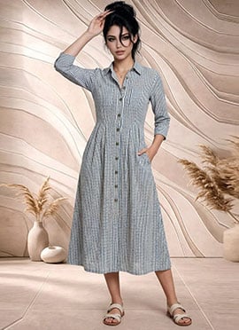 Black White Printed Cotton Shirt Midi Dress