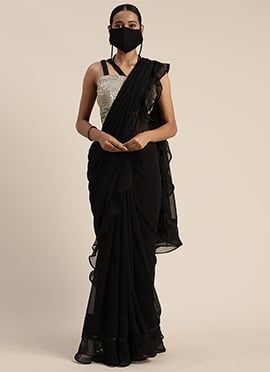 Black and Grey embroiderd Ruffle Saree