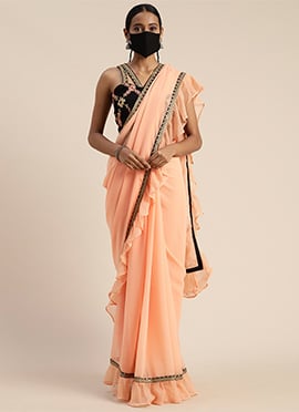 Black and Peach embroiderd Ruffle Saree
