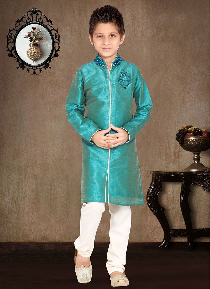 Blue Art Dupion Kids Kurta Pyjama