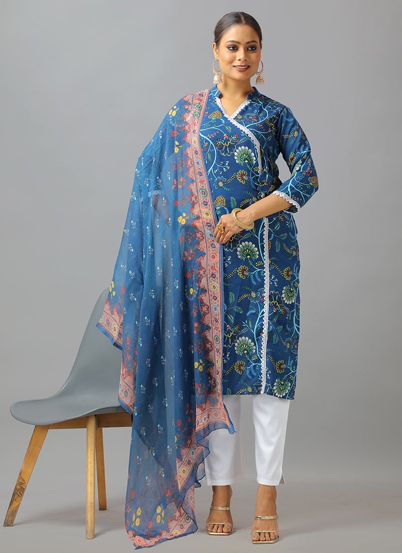 Teen Girls Blue Art Silk Cotton Kurta Straight Pant Suit Festive Wear