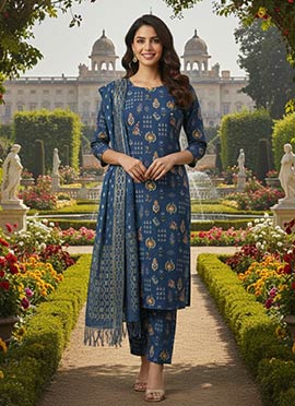 Blue Art Silk Cotton Printed Straight Pant Suit