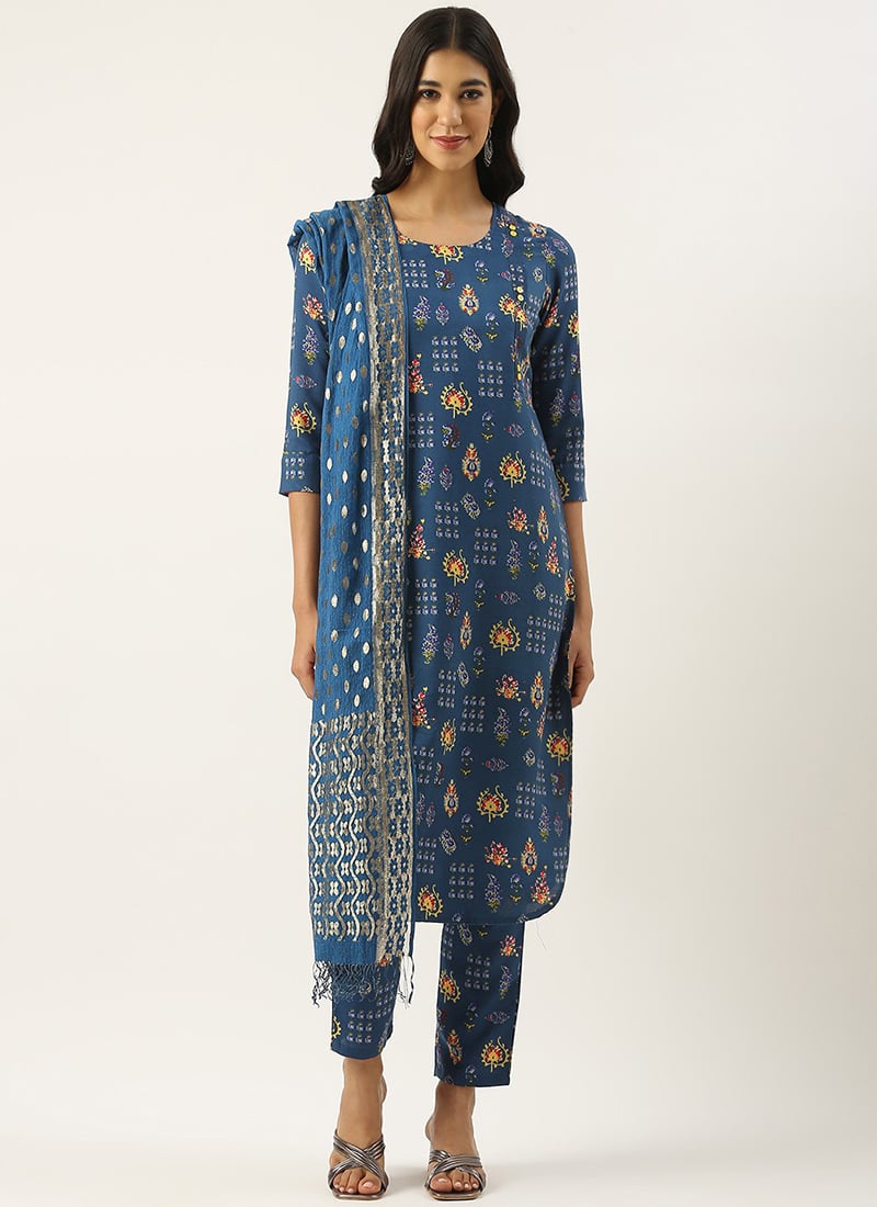 Teen Girls Blue Art Silk Cotton Printed Straight Pant Suit