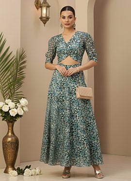 Teen Girls Blue Art Silk Digital Printed Dress