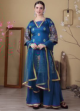 Blue Art Silk Embroidered Gharara Set