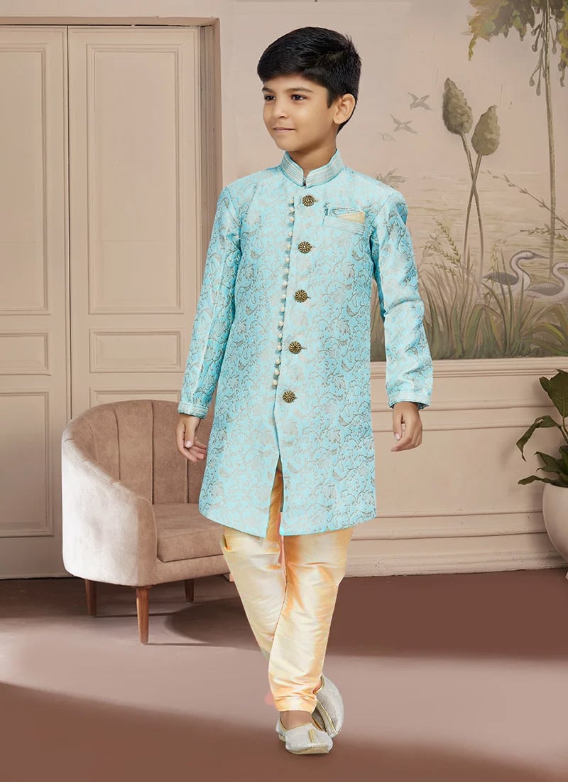 Blue Art Silk Embroidered Indowestern Sherwani For Boys Festive Wear