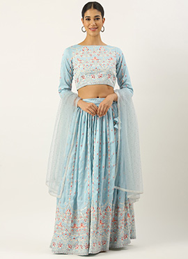 Blue Art Silk Embroidered Lehenga Set