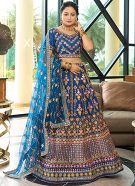 Blue Art Silk Embroidered Sequins A Line Lehenga With Matching Choli And Dupatta