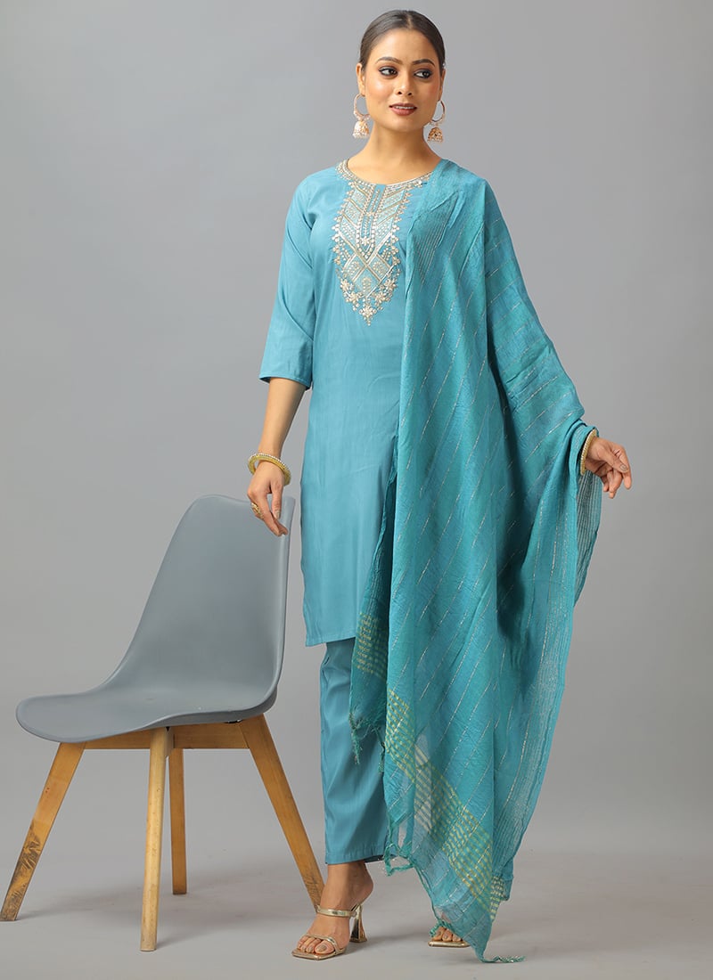 Blue Art Silk Embroidered Straight Pant Suit Festive Wear