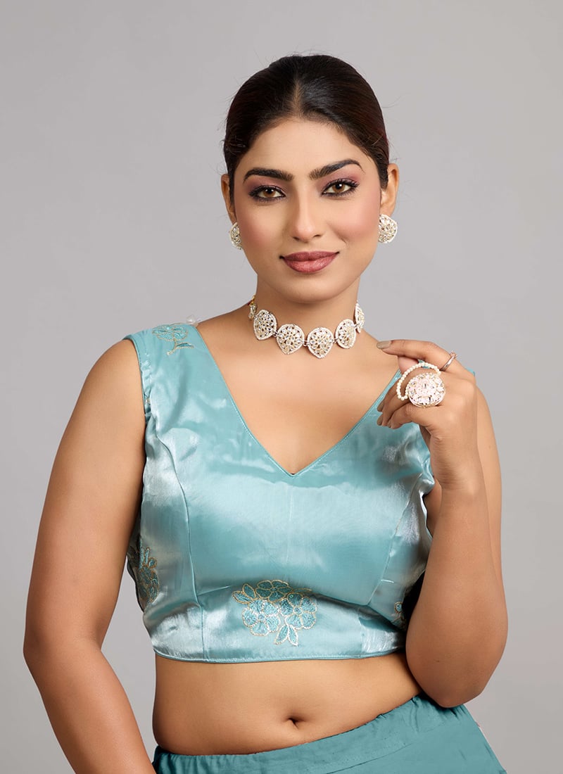 Blue Art Silk Embroidered V Neck Blouse Party Wear