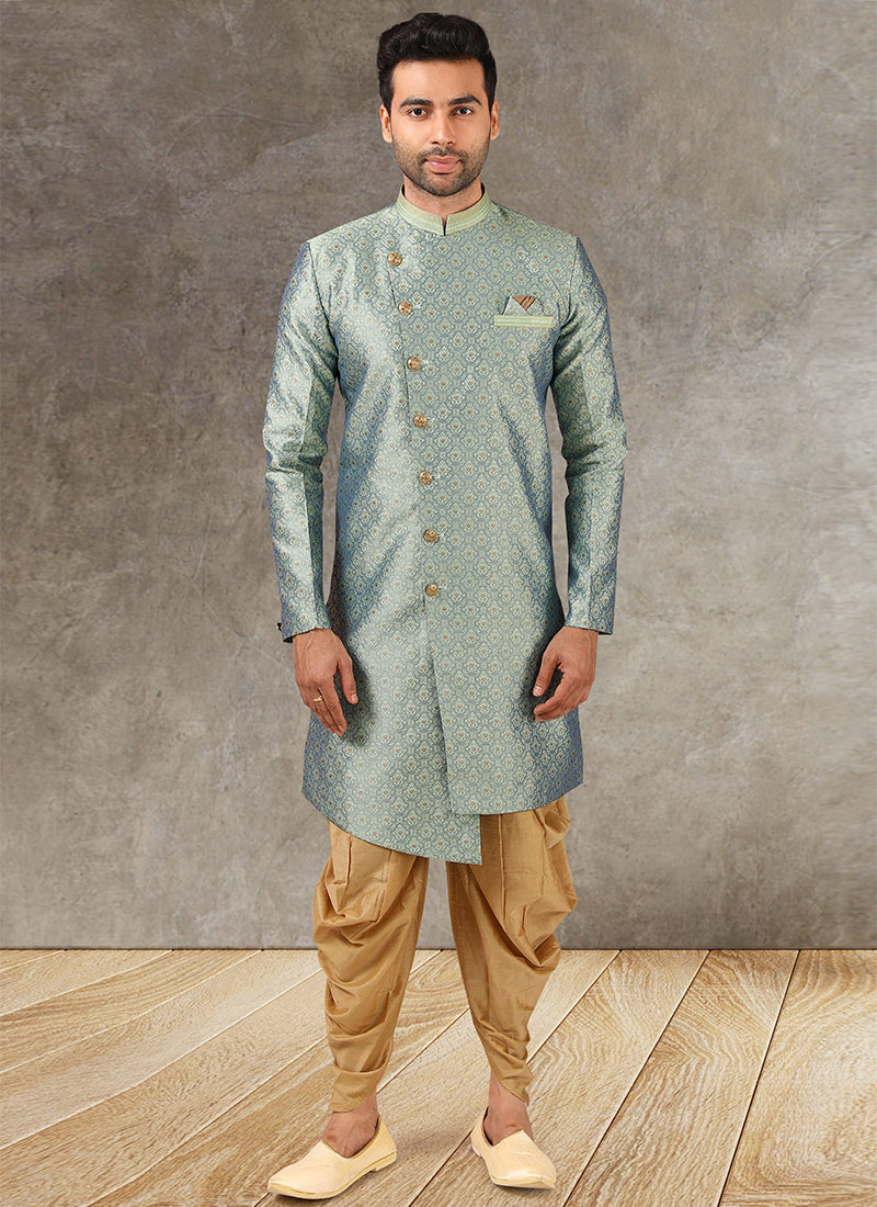 Blue Art Silk Jacquard Classic Sherwani Party Wear