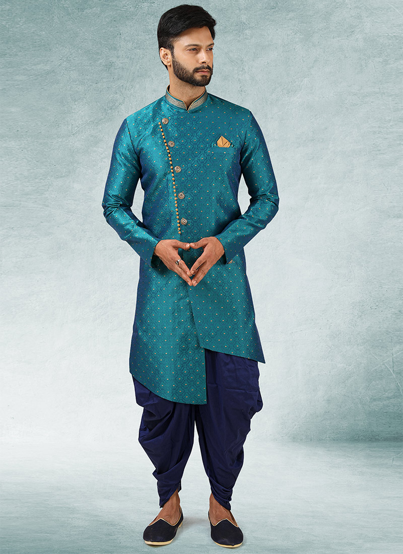 Blue Art Silk Jacquard Classic Sherwani Party Wear
