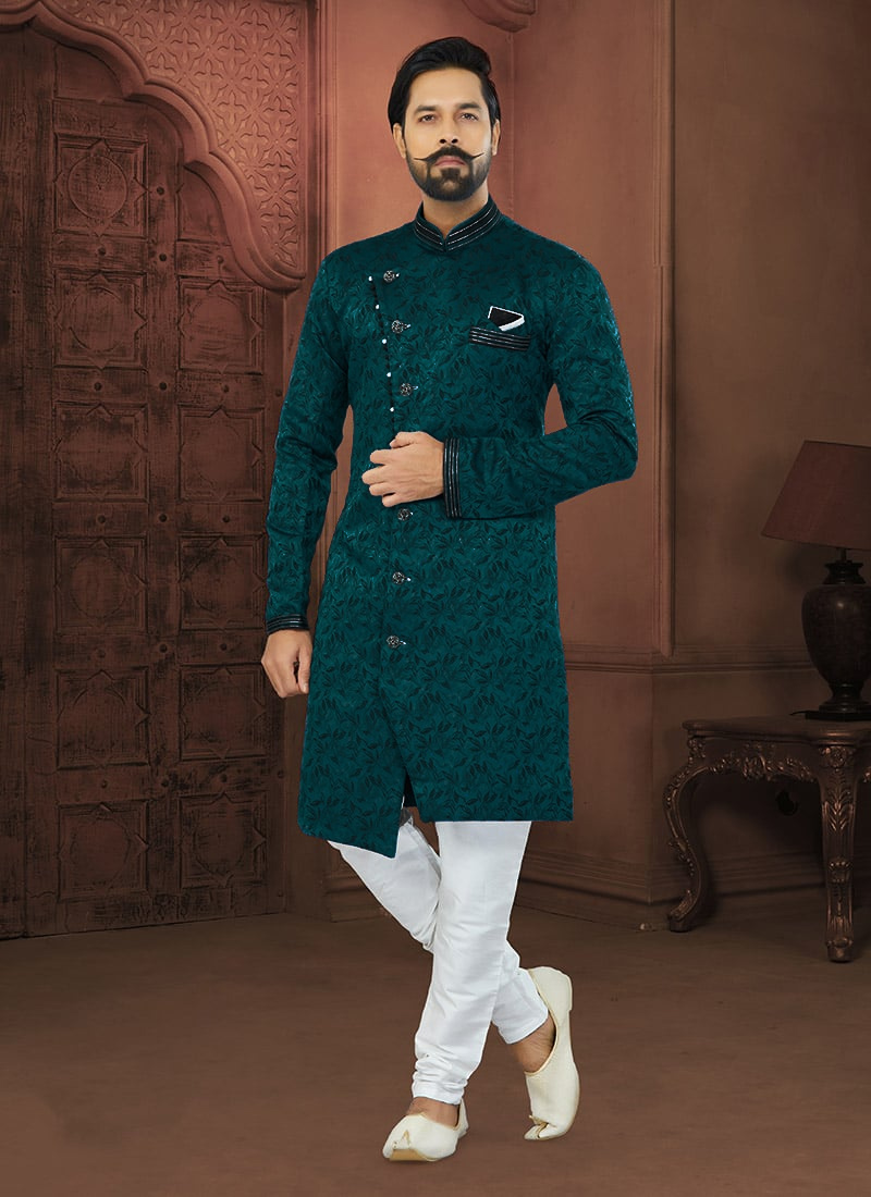 Blue Art Silk Jacquard Classic Sherwani Wedding Wear