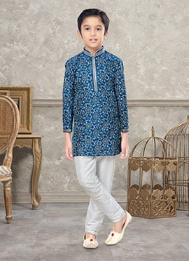 Blue Art Silk Kids Boys Kurta Pyjama