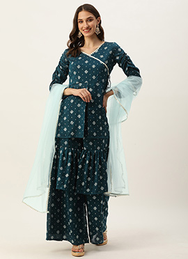 Blue Art Silk Layered Gharara Suit
