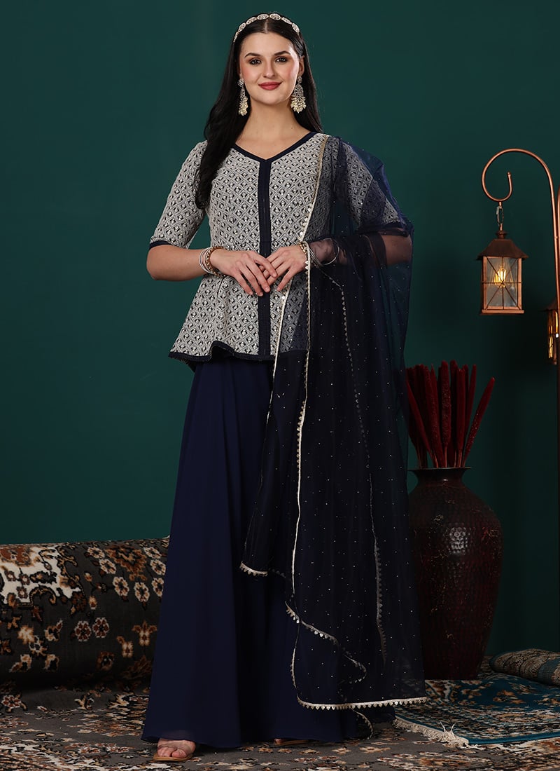 Blue Art Silk N Georgette Embroidered Sharara Suit
