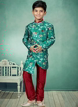 Blue Art Silk Printed Indowestern Sherwani