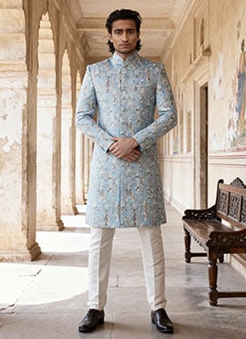 Blue Banarasi Jacquard Indowestern Sherwani