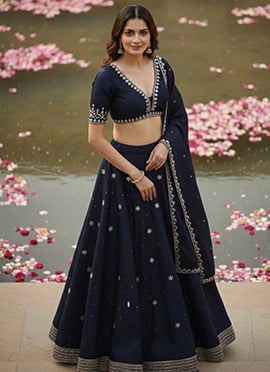 Blue Banglory Silk Zari Hand Embroidered Sequins With Stone Work Lehenga