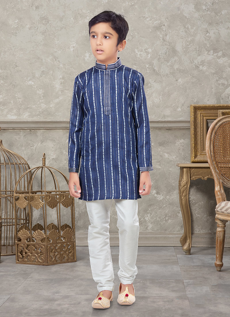 Blue Blended Cotton Kids Boys Kurta Pyjama Party Wear