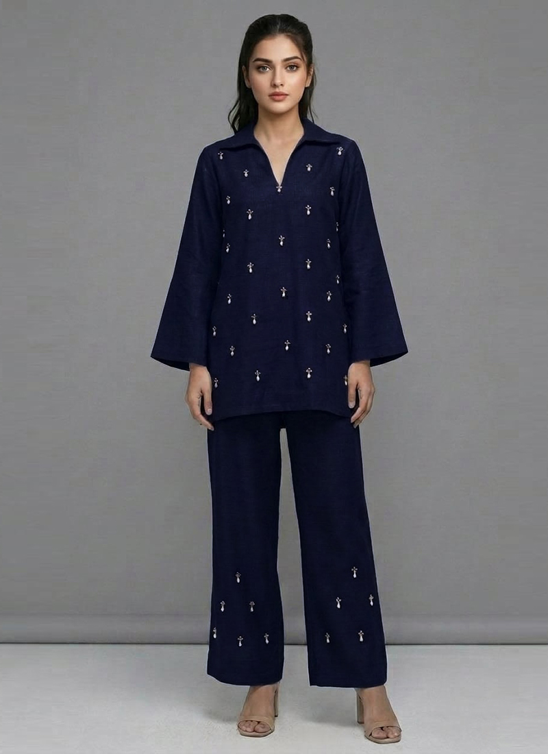 Blue Celestial Charm Linen Cotton Co Ord Set After Six Wear
