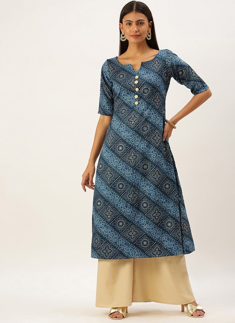 Blue Chanderi Art Silk A Line Kurta Set Festive Wear