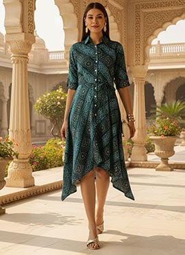 Blue Chanderi Art Silk Handkerchief Style Dress