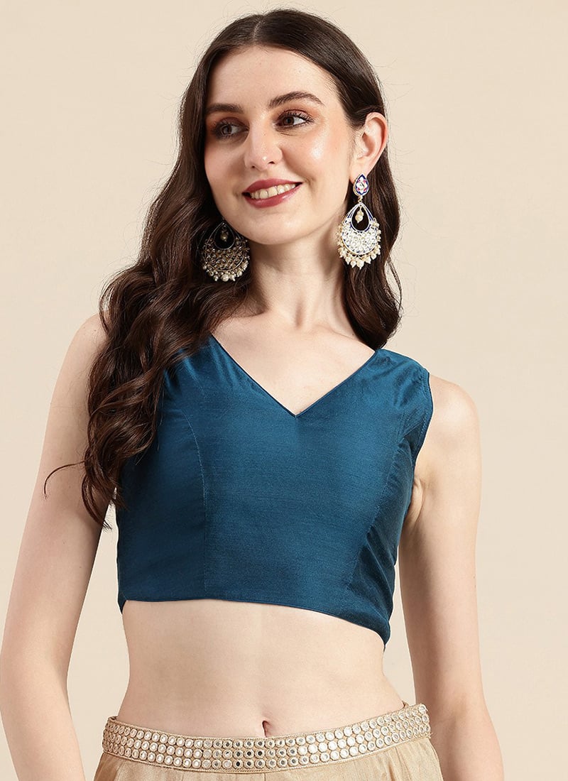 Blue Chanderi Silk Blouse Work Wear