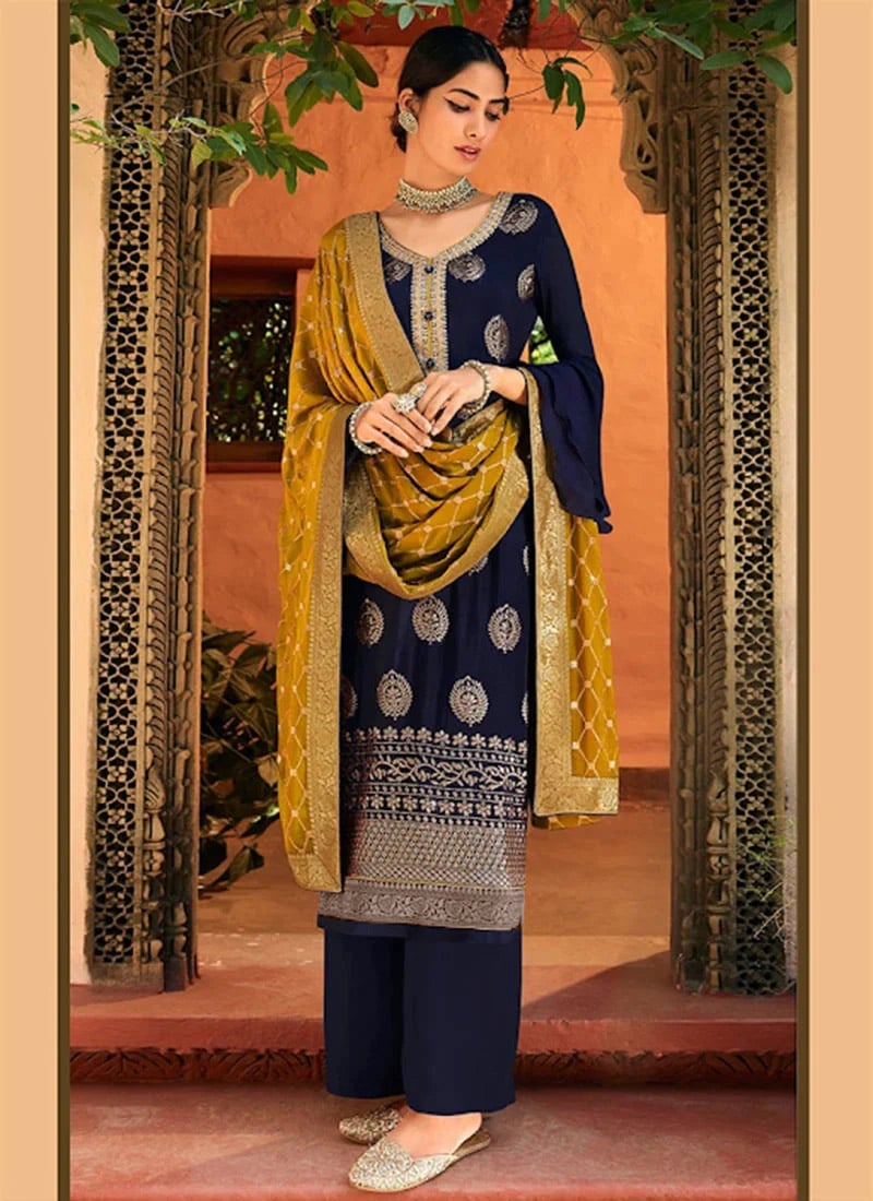 Blue Chinnon Sequins Palazzo suit Party Wear