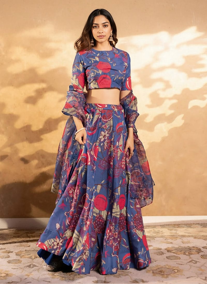 Blue Chinon Digital Floral Print Lehenga