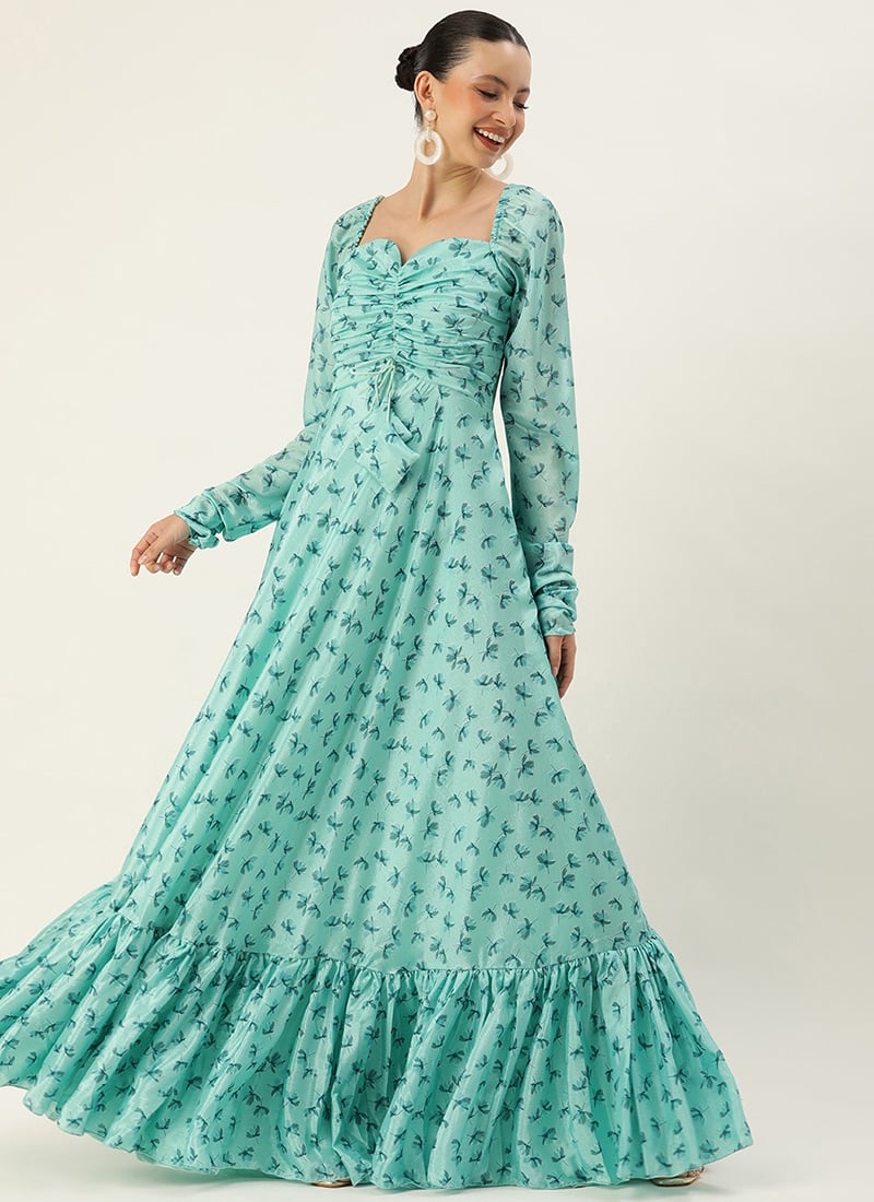 Blue Chinon Digital Printed Floor Length Gown Festive Wear