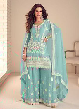 Blue Chinon Embroidered Hand Work Palazzo Suit