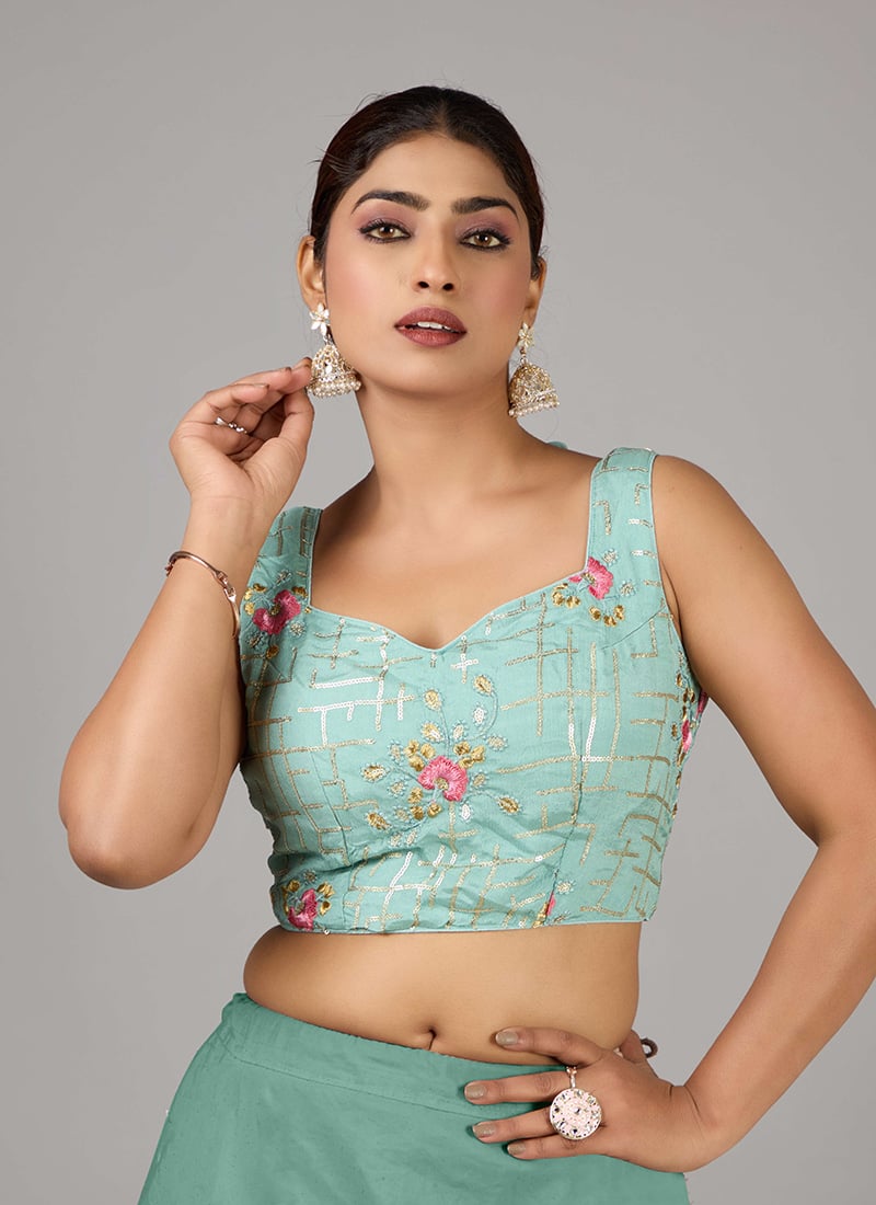 Blue Chinon Embroidered Sleeveless Blouse