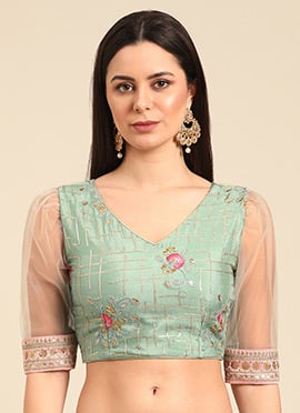 Blue Chinon Embroidered V neck Blouse