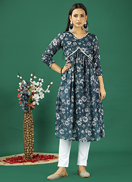 Blue Chinon Printed Gathered Style Kurta Set